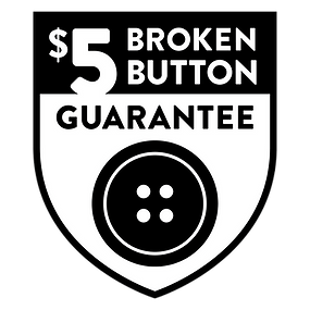 Logo featuring a black and white shield with a $5 broken button guarantee and an illustration of a four-hole button.