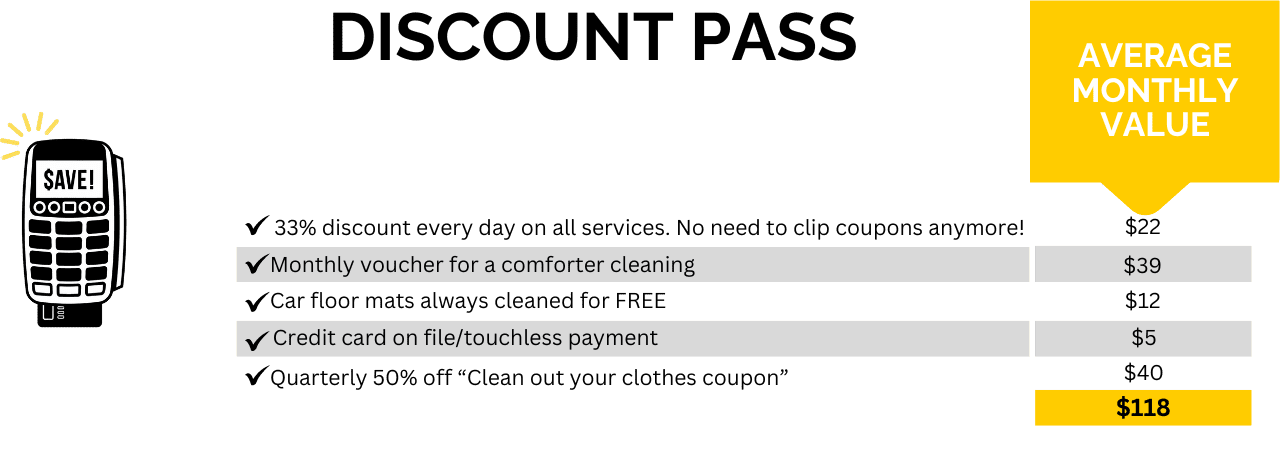 An advertisement for a Discount Pass showing various benefits, including discounts on services, a monthly voucher, free car floor mat cleaning, credit card on file option, and a quarterly cleaning coupon worth $118.