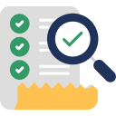 Icon of a magnifying glass over a checklist with three green checkmarks, resting on a sheet of paper.