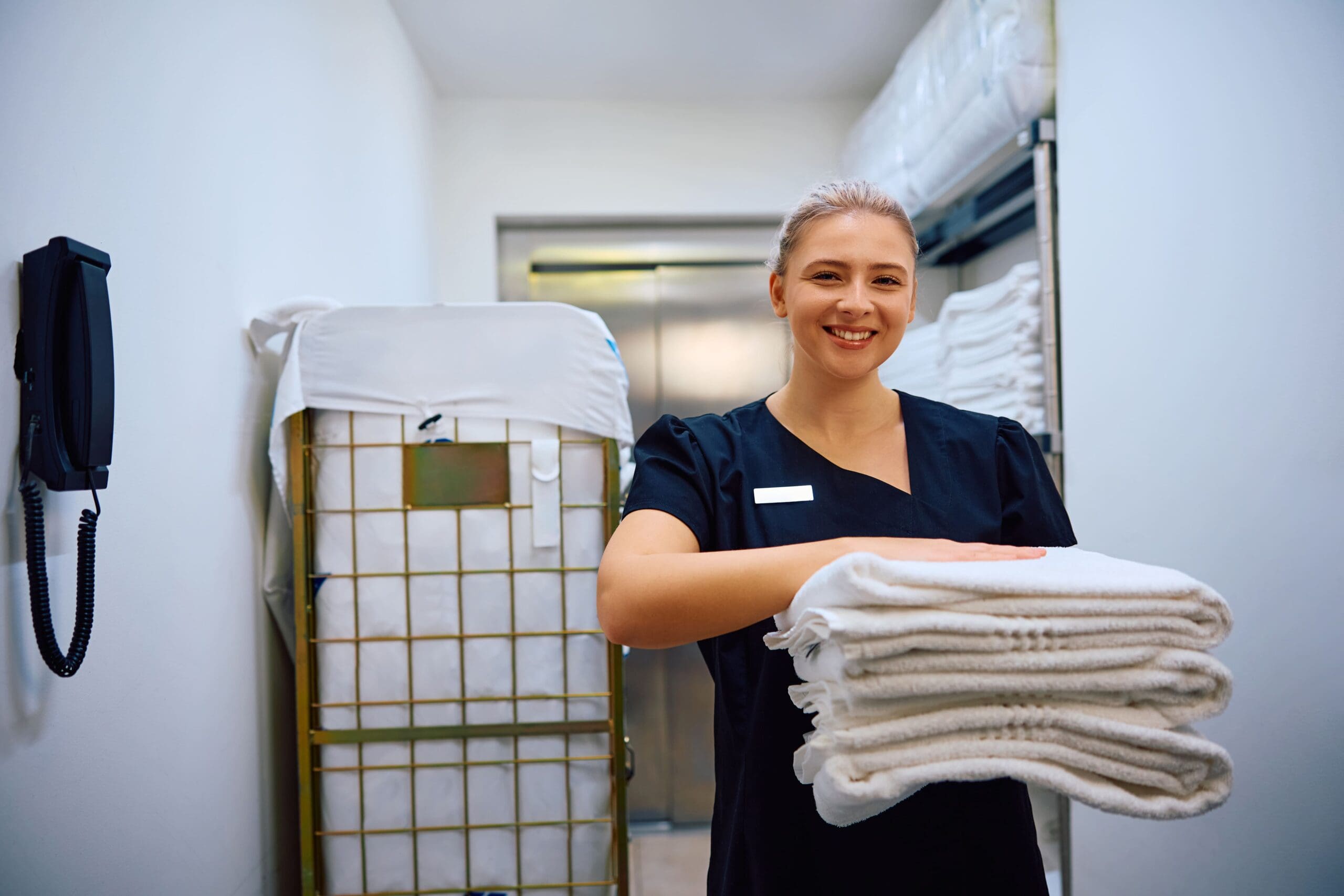 A person in a uniform smiles while holding a stack of folded towels in a storage room with a cart and shelves.