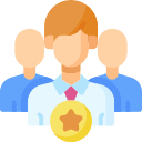 Illustration of three faceless people in business attire, with the foremost holding a gold star badge.